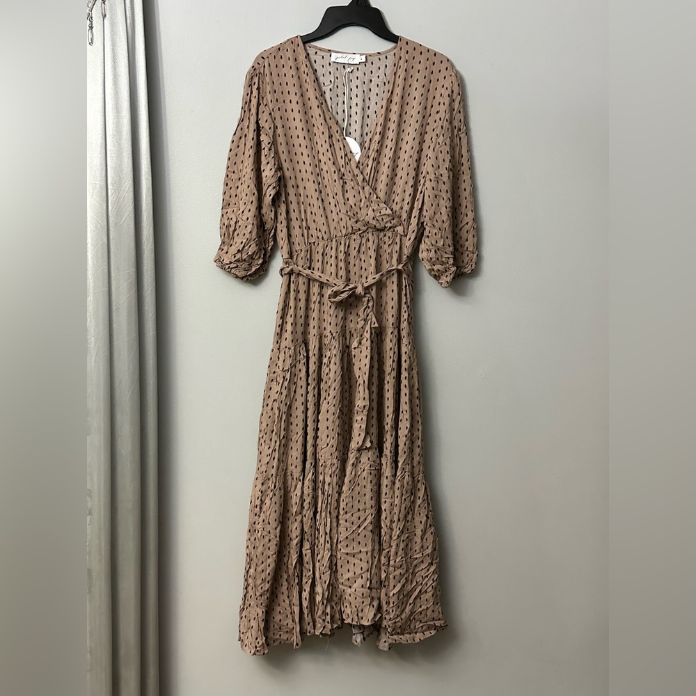 Petal & Pup Taupe/Black Printed Surplice Tiered A-line Midi Dress SIZE / L
